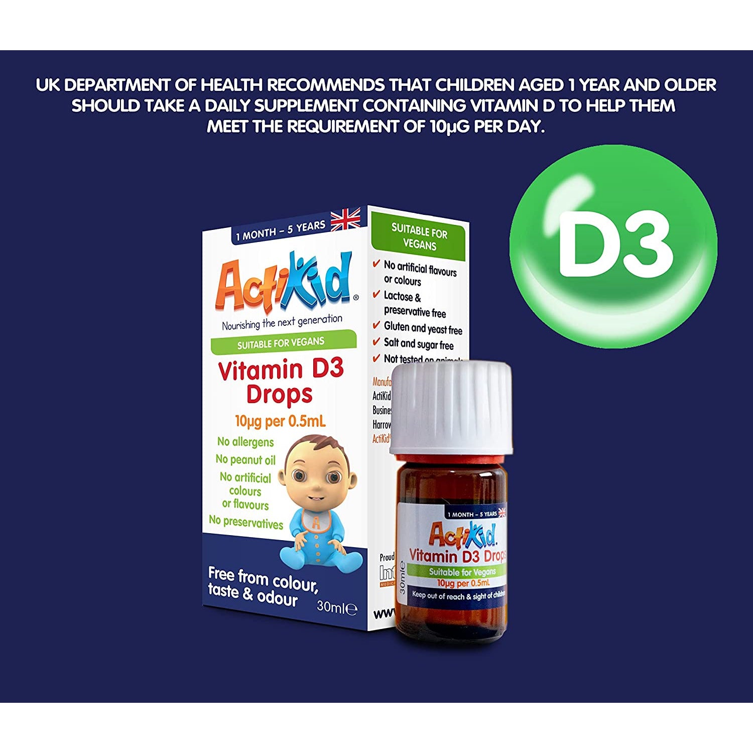 ActiKid Vitamin D3 Drops 30ml for Newborn Babies, Infants and Children