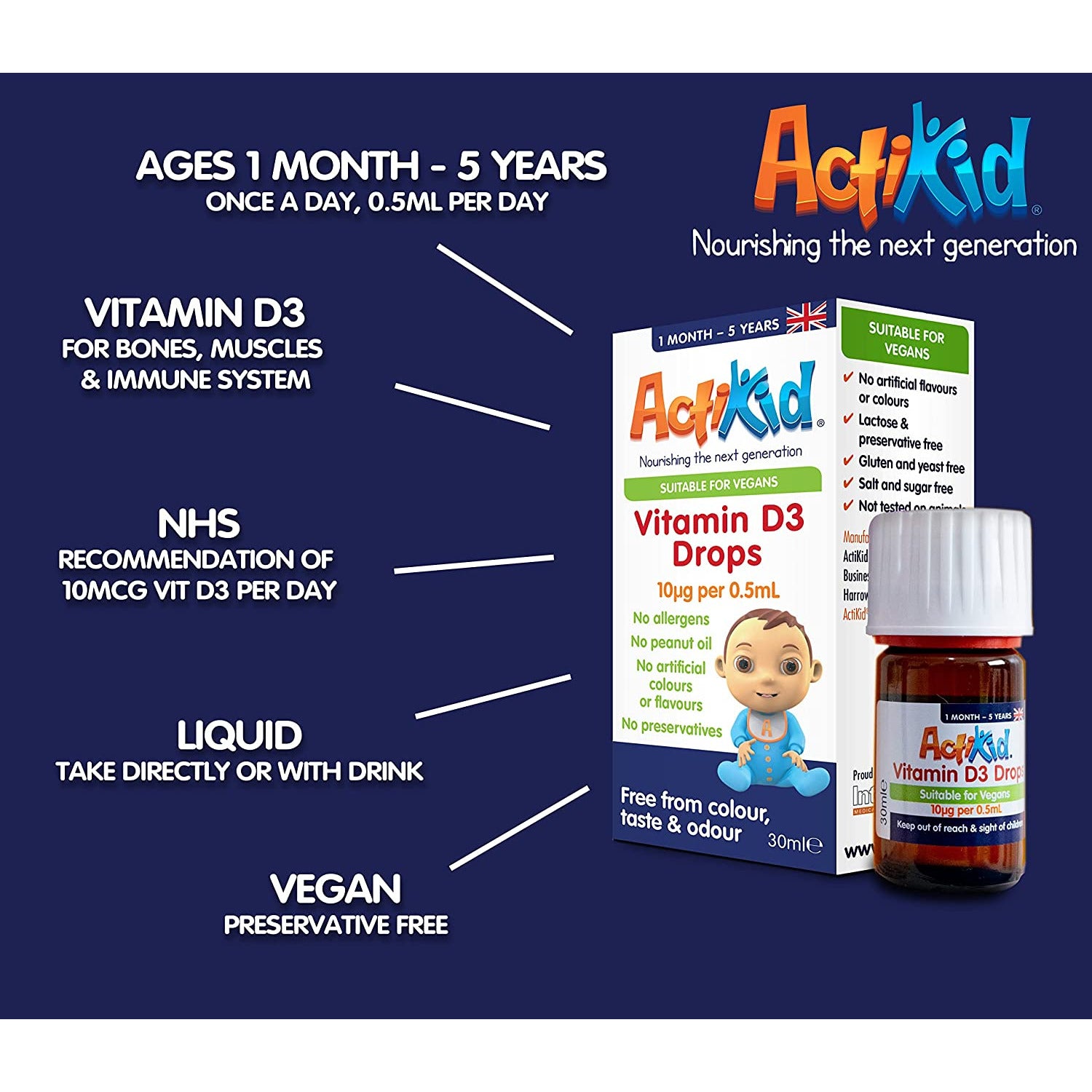 ActiKid Vitamin D3 Drops 30ml for Newborn Babies, Infants and Children